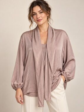Bar III XL Dusty Mauve Satin Tie Neck Cinched Sleeve Blouse